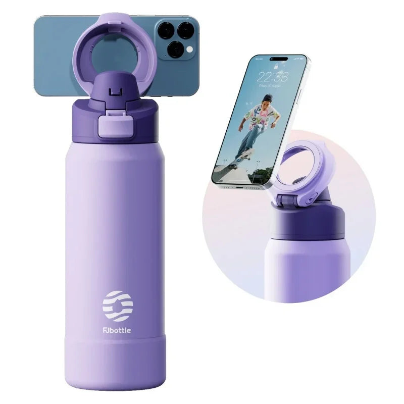 710/950ML Stainless Steel Sports Water Bottle with Magnetic Phone Holder Bouncing Cover Insulation Cup Magnetic Thermos